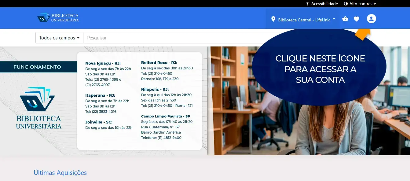 Captura de tela da Biblioteca Universitária, da Life Unic, com a instrução: Clique no ícone de usuário para acessar a sua conta