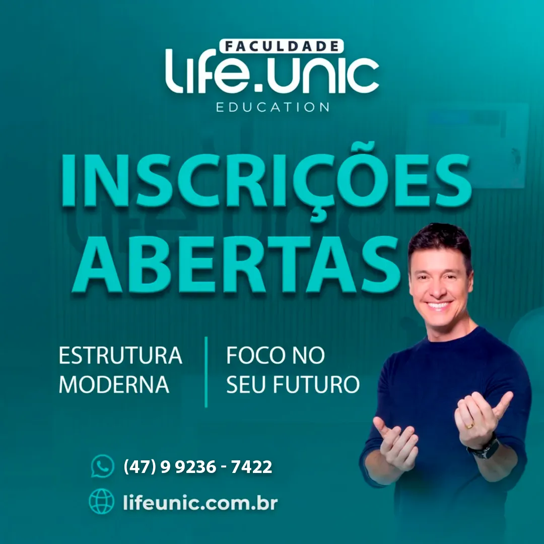 Banner com a imagem de Rodrigo Faro e o texto Inscrições abertas. Estrutura moderna, foco no seu futuro. WhatsApp: 47992367422. Site: lifeunic.com.br