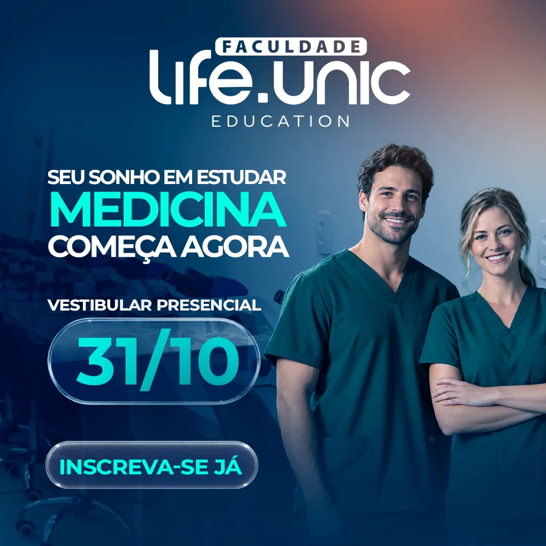 Banner do Vestibular de Medicina 2027.1, da Life Unic, com imagem de alunos felizes e com o texto: Vestibular Presencial 31 de outubro. Inscreva-se já