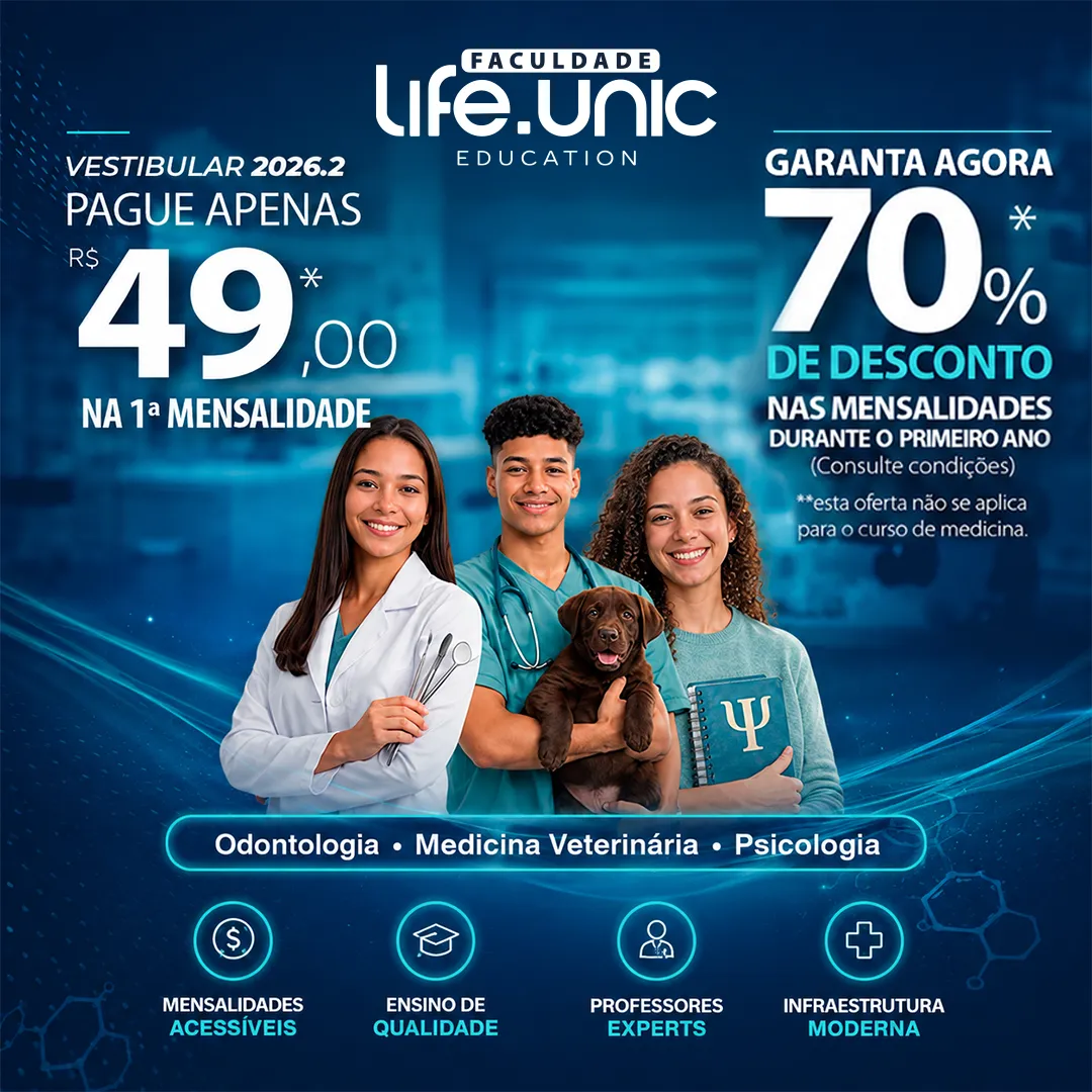 Divulgação do Vestibular 2026.2, com destaque para o valor de R$ 49,00 na primeira mensalidade (exceto para o curso de Medicina), e a possibilidade de desconto de 70% nas mensalidades durante o primeiro ano (necessário consultar condições. Oferta não válida para o curso de Medicina)