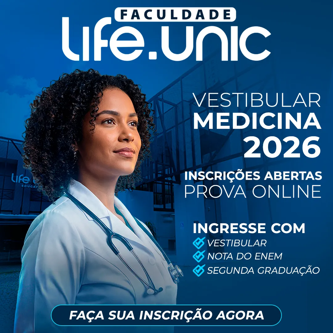 Banner do Vestibular de Medicina 2026.2, da Life Unic, com uma imagem de uma aluna feliz e com o texto: inscrições abertas prova online. Ingresse por vestibular, nota do ENEM ou segunda graduação. Faça sua inscrição agora
