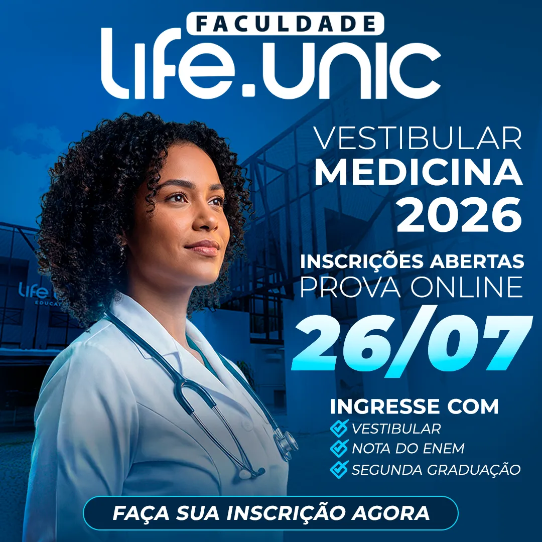 Divulgação do Vestibular de Medicina 2026.2, com imagem de uma aluna e com o texto "Inscrições abertas prova online: 26/07. Ingresse com vestibular, nota do ENEM ou segunda graduação. Faça sua inscrição agora"
